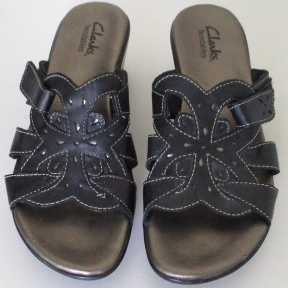 Clarks Bendables Womens Black Leather Slide Wedge Sandal - Size 7M - Picture 1 of 10